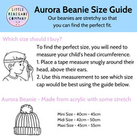 Aurora Beanie size guide from Little Renegade Company with instructions on measuring head circumference.