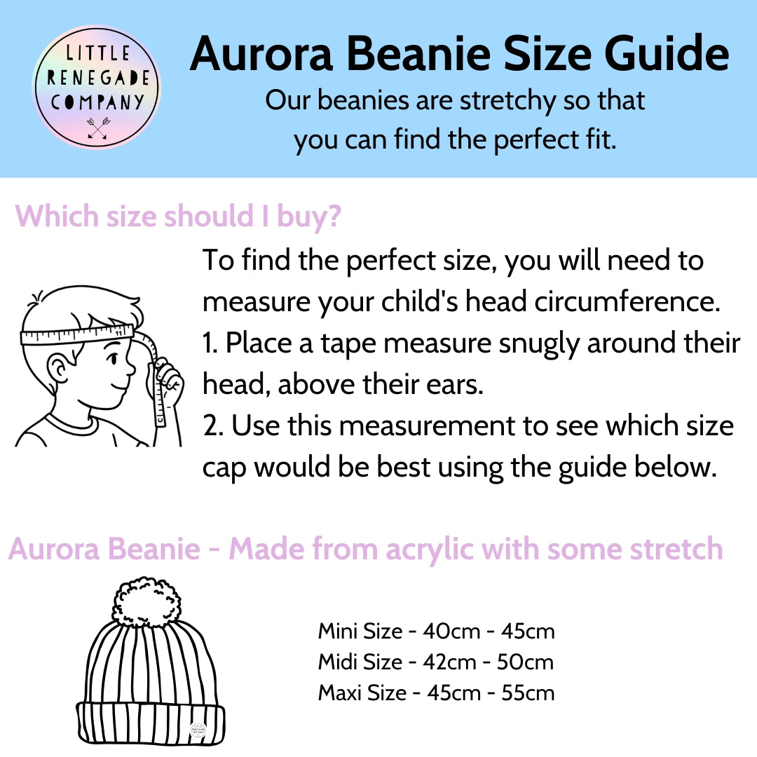 Aurora Beanie size guide from Little Renegade Company with instructions on measuring head circumference.