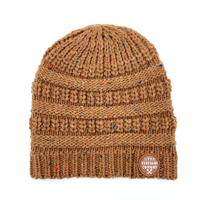 Mocha brown Byron Beanie with speckled knit, horizontal stitch detail and ribbed brim