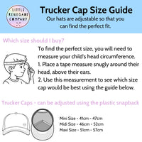 Trucker cap size guide with measurement instructions and size chart.