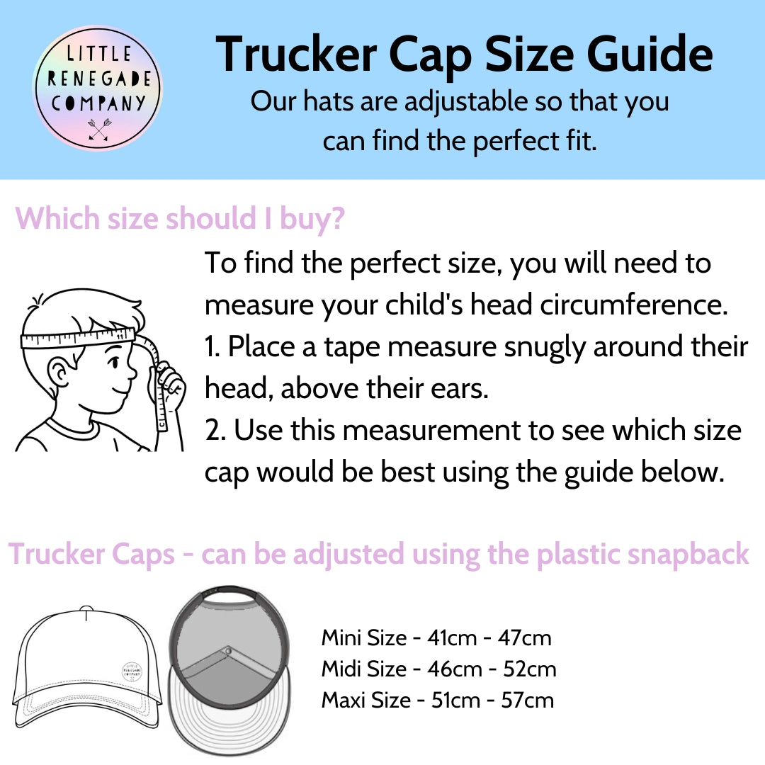 Trucker cap size guide with measurement instructions and size chart.