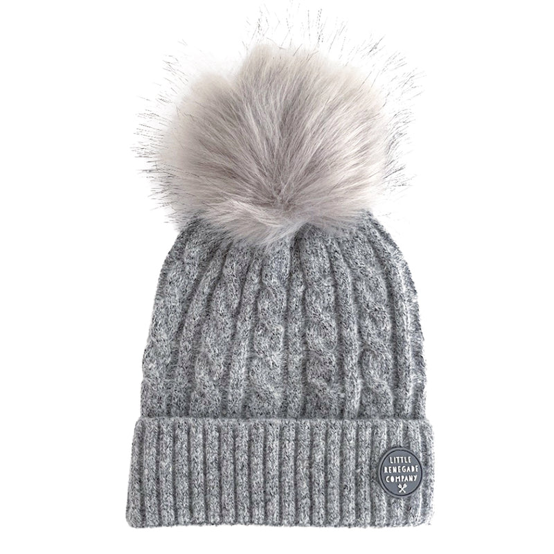 Grey Aurora cable knit Beanie with fluffy pom-pom and folded ribbed brim
