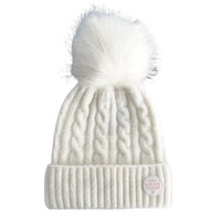 White Aurora cable knit Beanie with fluffy white pom-pom and folded ribbed brim