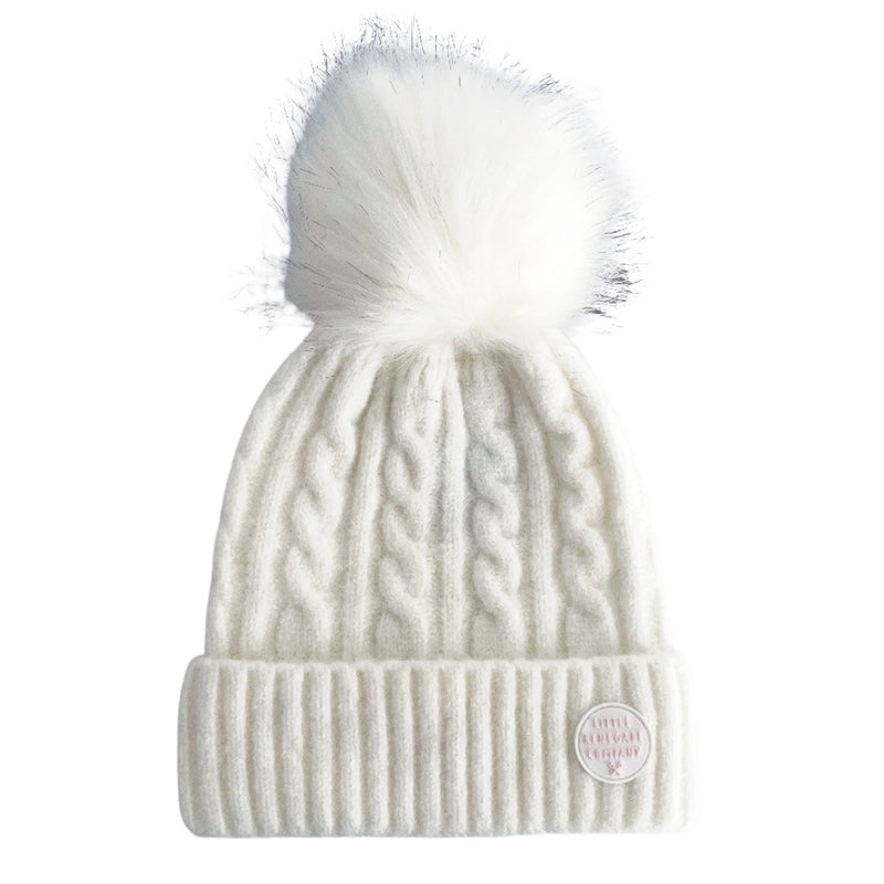 White Aurora cable knit Beanie with fluffy white pom-pom and folded ribbed brim