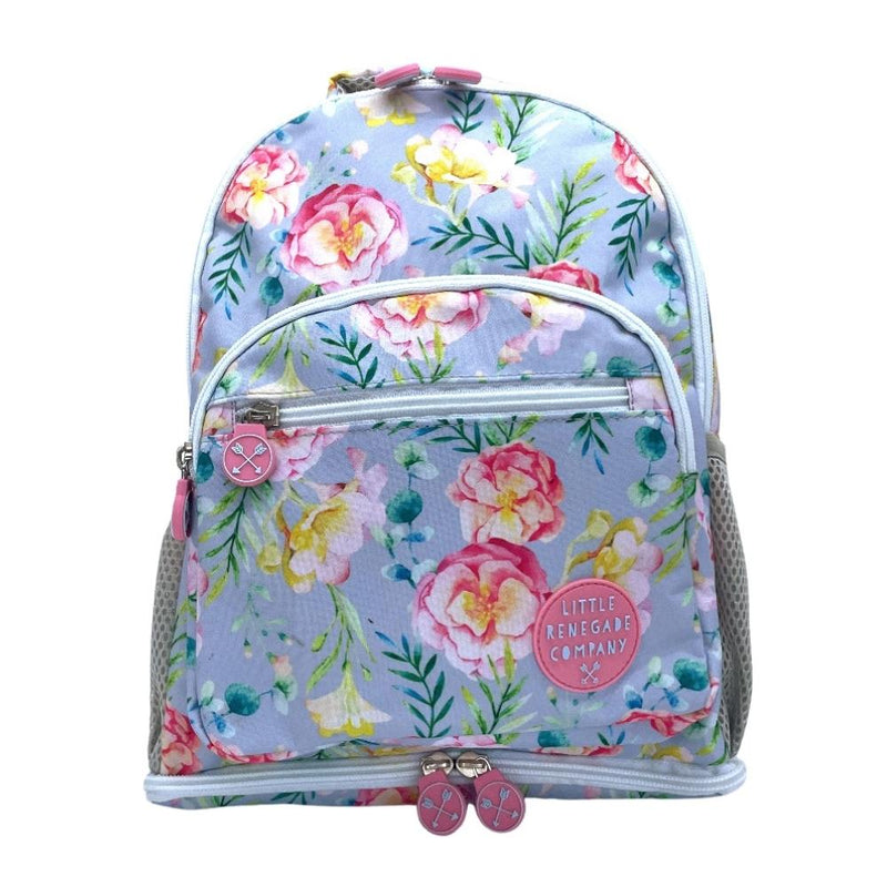 A small, colorful backpack featuring a floral Camellia print with pink, yellow, and white flowers on a light blue background. The backpack has a front zipper pocket, mesh side pockets, and a round logo badge. It includes pink zipper pulls and a compact, child-friendly design, ideal for kids or light use.