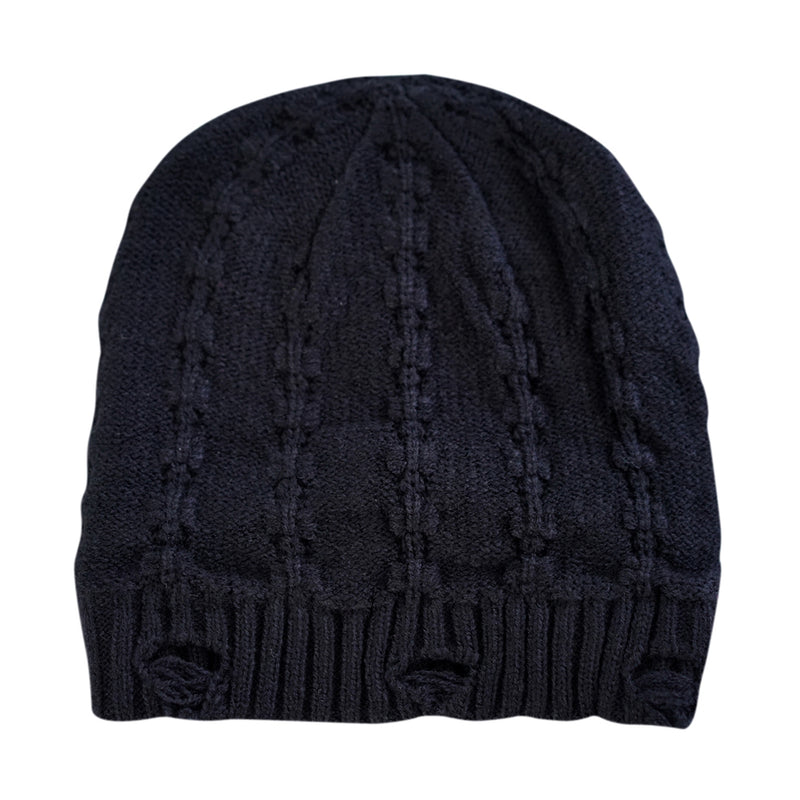 Black Everest Beanie with distressed knit detail and ribbed brim