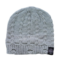 Grey Everest Beanie with distressed knit detail and ribbed brim
