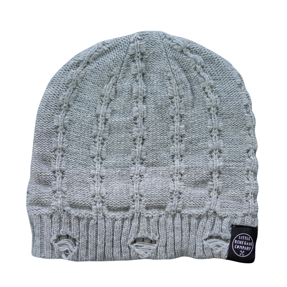 Grey Everest Beanie with distressed knit detail and ribbed brim