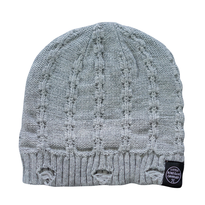 Grey Everest Beanie with distressed knit detail and ribbed brim