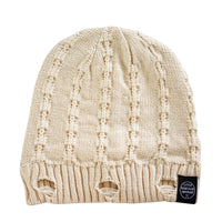 Off White Everest Beanie with distressed knit detail and ribbed brim