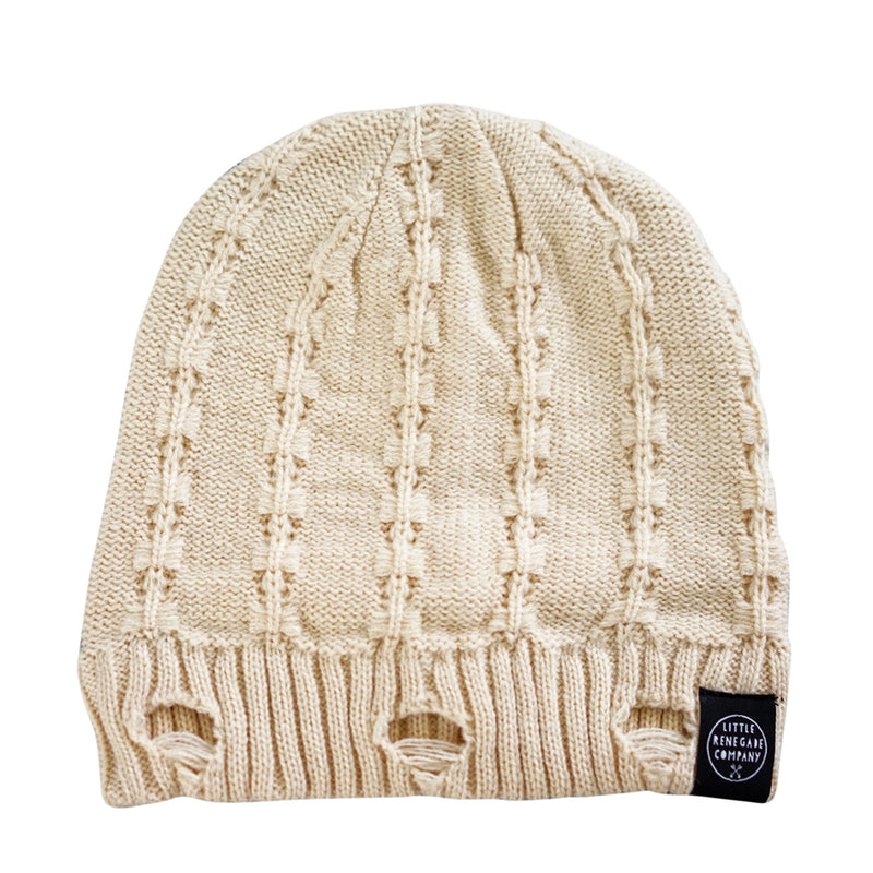 Off White Everest Beanie with distressed knit detail and ribbed brim