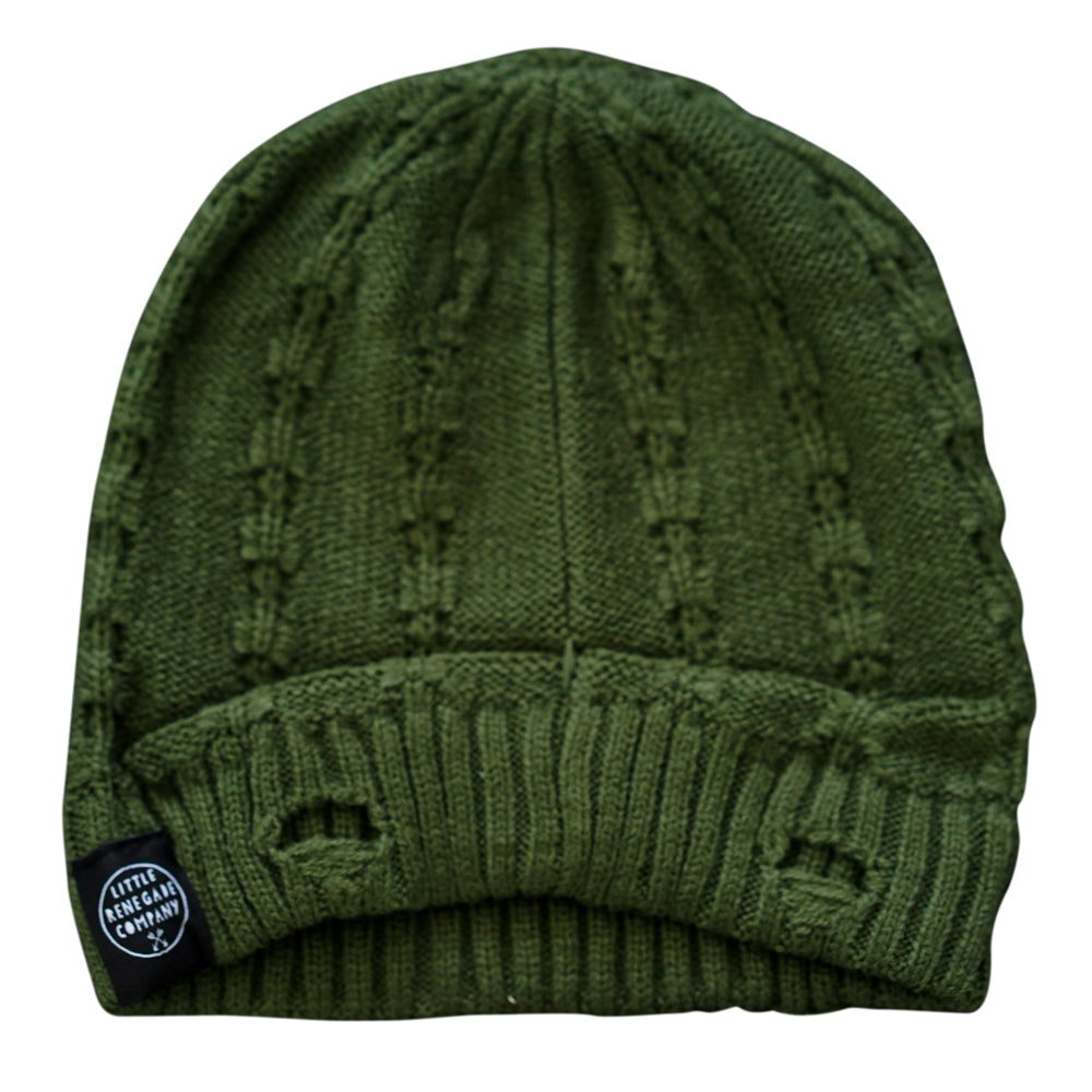 Back view of the Olive Green Everest Beanie showing the knit detail