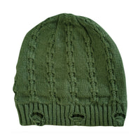 Olive Green Everest Beanie with distressed knit detail and ribbed brim