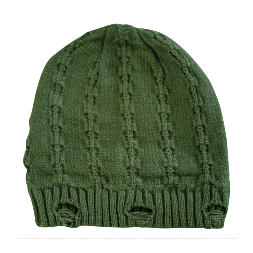 Olive Green Everest Beanie with distressed knit detail and ribbed brim