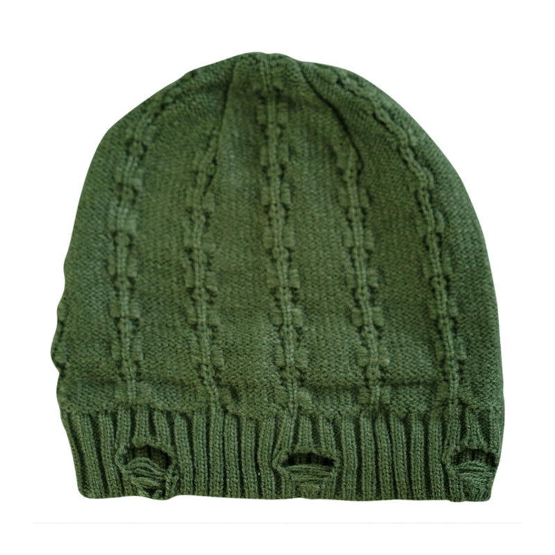 Olive Green Everest Beanie with distressed knit detail and ribbed brim