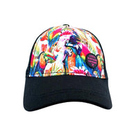 Flock Trucker Cap front view showing its colourful rainbow bird print, black curved peak and black mesh sides