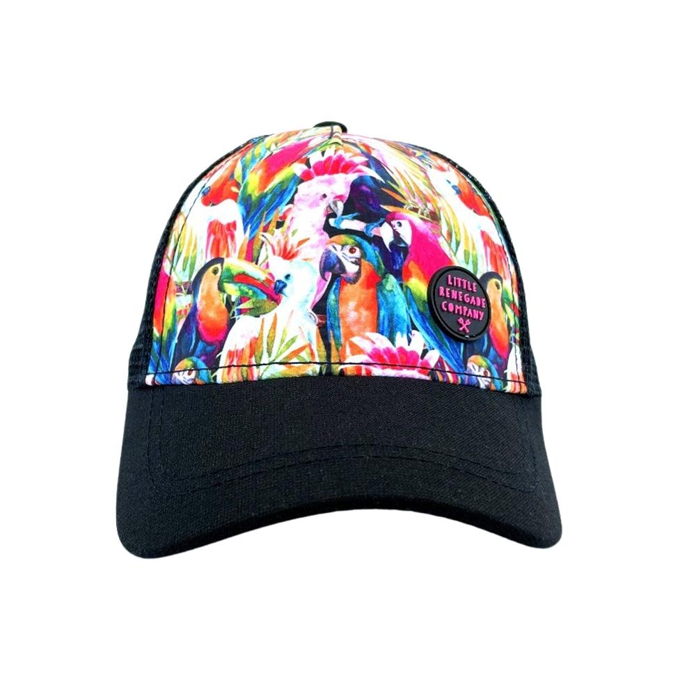 Flock Trucker Cap front view showing its colourful rainbow bird print, black curved peak and black mesh sides