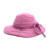 Side and back view of the Musk Sun Hat showing the wide brim, linen crown and circumference strap detail
