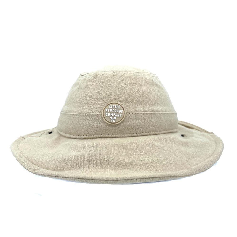 Oatmeal linen Sun Hat front view showing the wide wired brim and Little Renegade patch