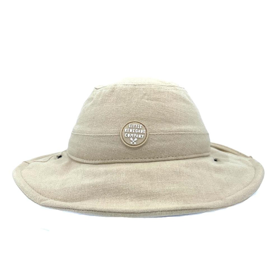Oatmeal linen Sun Hat front view showing the wide wired brim and Little Renegade patch