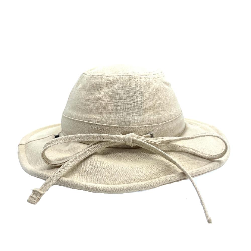 Rear view of the Oatmeal Sun Hat showing the linen texture, wide brim and circumference strap tied in a bow