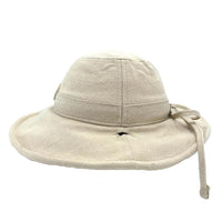 Side and back view of the Oatmeal Sun Hat showing the linen crown, wide brim and circumference strap detail