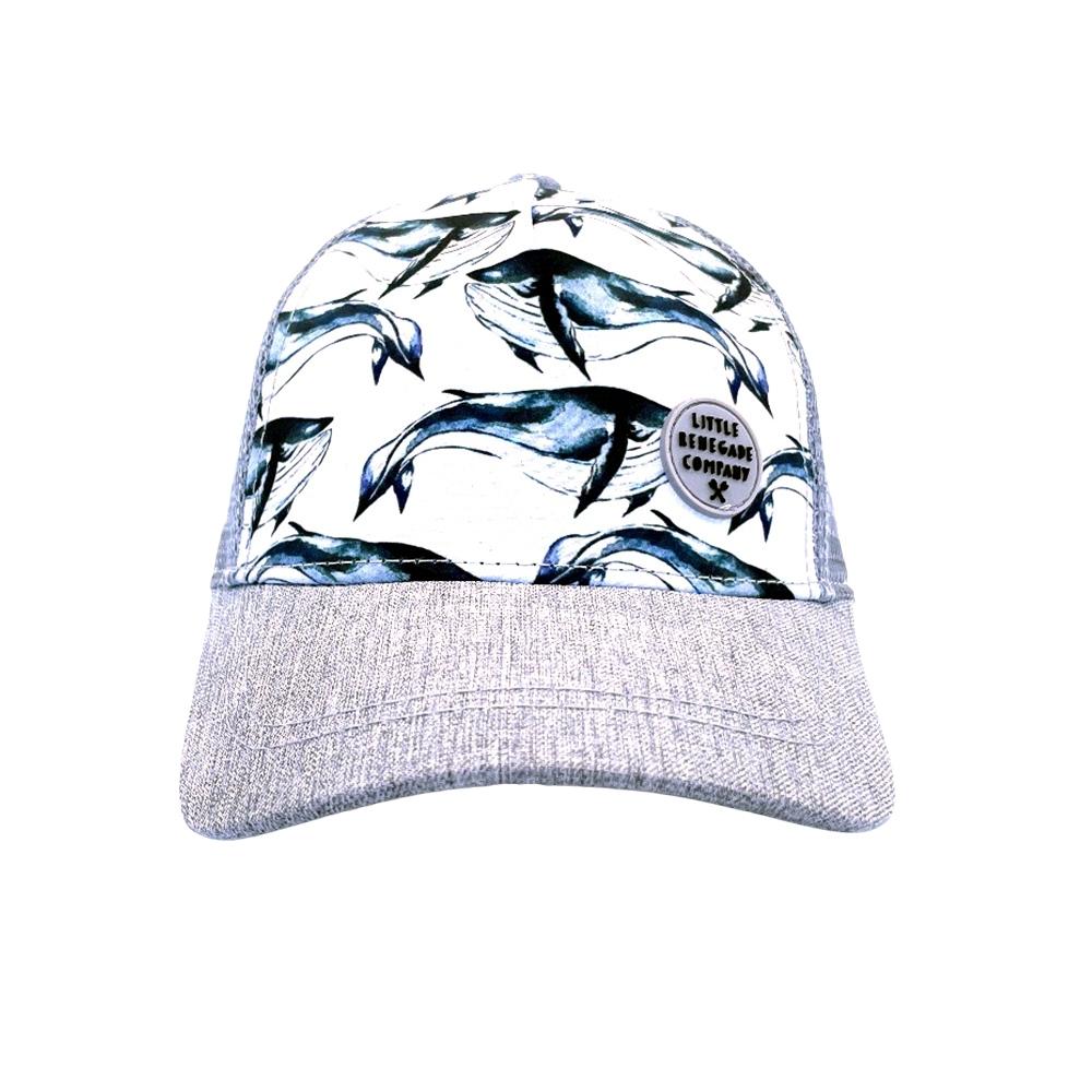 Pod Trucker Cap front product view showing its watercolour whale print, textured grey peak and grey mesh sides