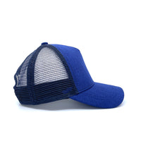 Sailor Trucker Cap side and back view showing its navy mesh and adjustable snapback