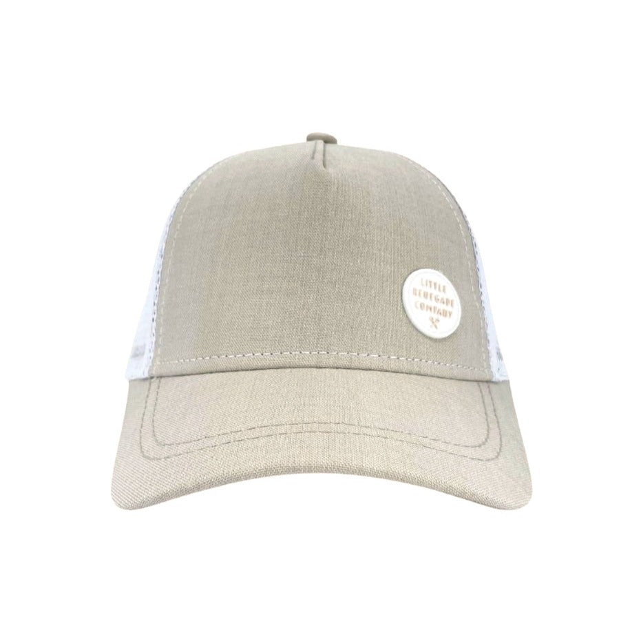 Wheat Trucker Cap front view showing its soft wheat-toned front, curved peak and white mesh sides